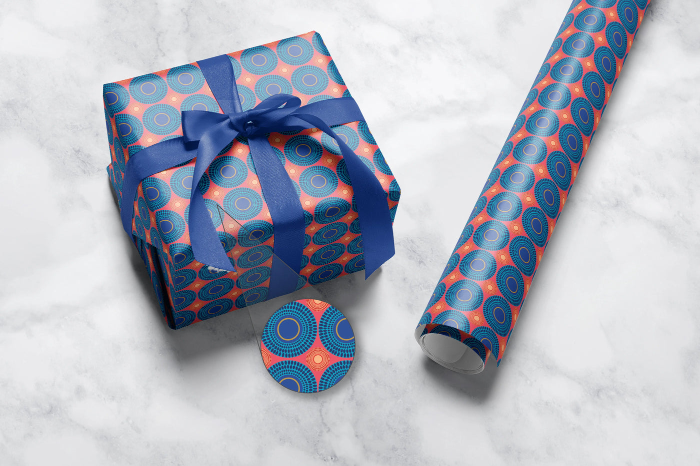 Blue and Orange Ankara Circles Gift Wrap 1 Metre Roll - All Shades