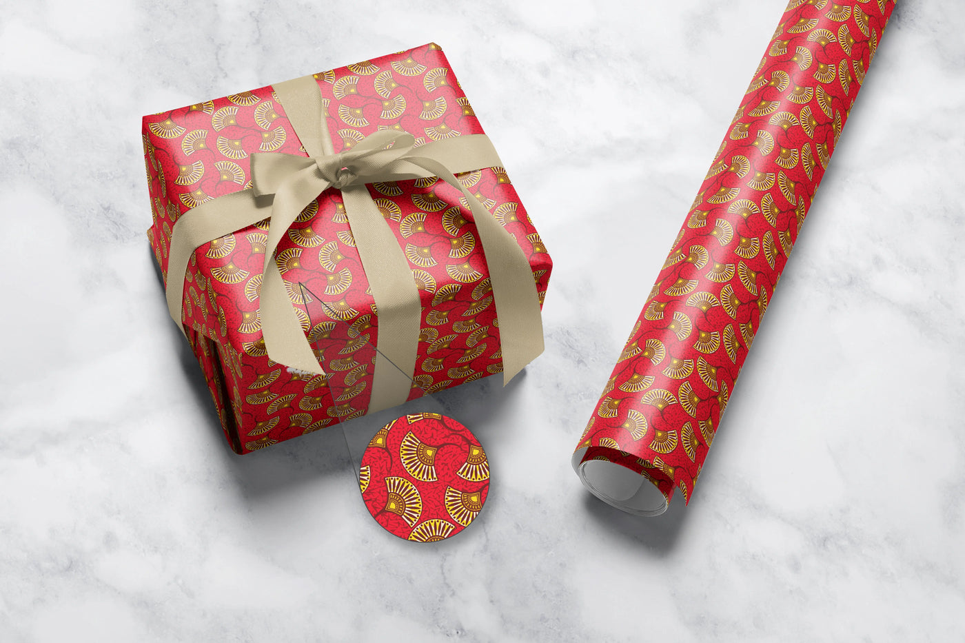 Red and Gold Ankara Fan Gift Wrap 1 Metre Roll - All Shades